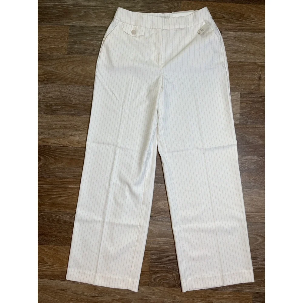 Cato Women White Gold Metallic Pinstripe Wide Leg Old Money Dress Pants Trouser
